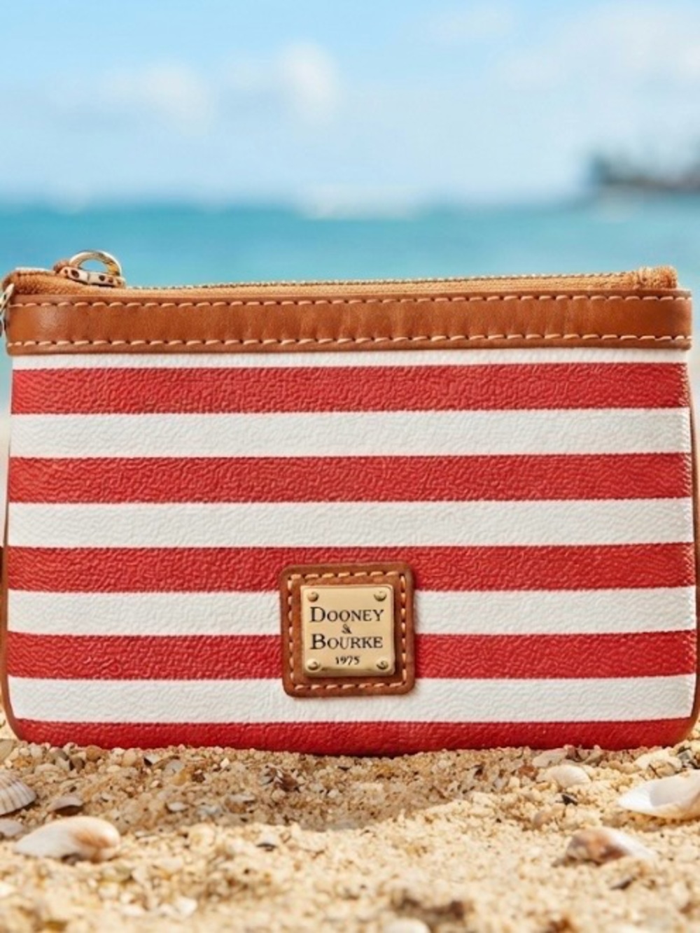 Small Dooney & Bourke Red, White and Tan Striped Zip Pouch